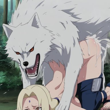 naruto, naruto (series), naruto shippuden, tsunade, sentinel axis, ahe gao, beastiality, bent over, blonde hair, canine on human, canine penis, clothes pull, crying, cum, cum in pussy