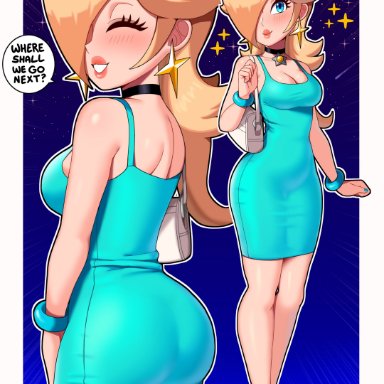 mario (series), nintendo, super mario galaxy, luma, princess rosalina, sarukaiwolf, 1girl, 1girls, ass, big ass, big breasts, big butt, big thighs, blonde hair, blue dress