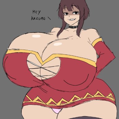 megumin, momiji (artist), 1girls, ass expansion, big ass, black stocking, breast expansion, breasts bigger than head, brown hair, clothed, clothed female, clothing, dress, female, female only