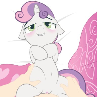 friendship is magic, my little pony, sweetie belle (mlp), sadieyule, 1boy, 1girls, cub, equine, female, feral, fur, green eyes, horse, human, human on feral