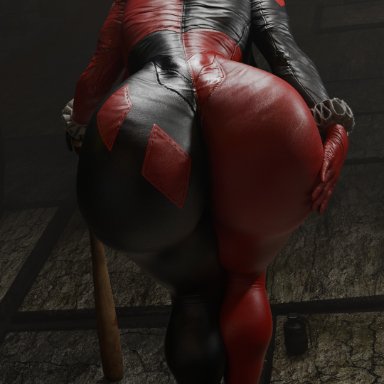 dc, dc comics, harley quinn, red lj, 1girls, ass, ass focus, bat, female, leather clothing, 3d, blender (software), patreon username