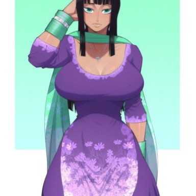 one piece, nico robin, kameseru, 1girls, bangles, big breasts, female, female only, green eyes, hourglass figure, indian clothes, large breasts, tanned female, tanned girl, tanned skin