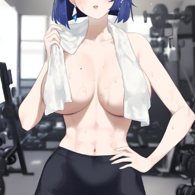 genshin impact, yelan (genshin impact), 1girls, abs, blue eyes, blue hair, breasts, female, female only, fit female, gym, hand on hip, large breasts, looking at viewer, mature
