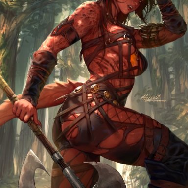 baldur's gate 3, karlach, lerapi, axe, big ass, demon girl, demon horns, demon tail, holding weapon, medium breasts, muscular female, red skin, side view, tagme