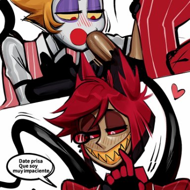 hazbin hotel, vivienne medrano, alastor (hazbin hotel), zusurumiya, 2boys, blonde hair, blowjob, blush, clothed, demon, erection, gay, gloves, heart, light skin