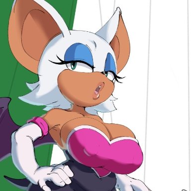 sega, sonic (series), sonic the hedgehog (series), rouge the bat, mekaatomic, 1girls, big breasts, big thighs, bimbo, breasts, dick sucking lips, erect nipples, erect nipples under clothes, female, green eyes