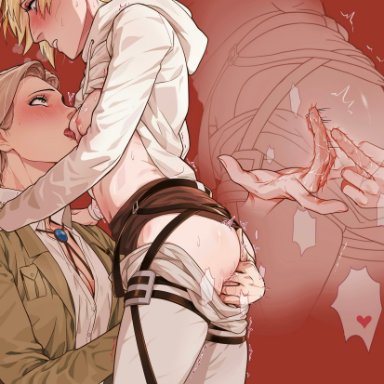 attack on titan, shingeki no kyojin, annie leonhardt, hitch dreyse, no5frontiers, 2girls, anal fingering, ass, blonde hair, blush, blushing profusely, breast sucking, breasts, cleavage, clothed female nude female