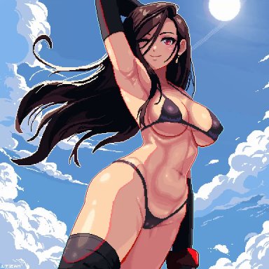 final fantasy, final fantasy vii, final fantasy vii remake, tifa lockhart, itzah, 1girls, armpits, bikini, black bikini, black gloves, black thighhighs, blue sky, breasts, brown hair, cloud