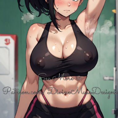 my hero academia, patreon, momo yaoyorozu, divine muse designs, black body, black hair, cameltoe, gym, huge breasts, nipples, one arm behind head, safe for work, see-through top, sportswear, standing