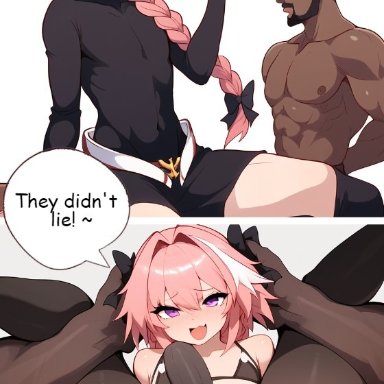 astolfo (fate), 2boys, anal sex, ass, big penis, black clothing, black thighhighs, blush, blushing at viewer, dark-skinned male, femboy, gay, girly boy, interracial, male only