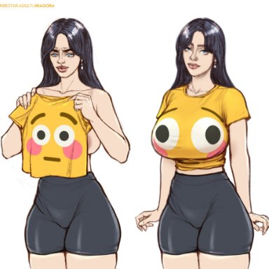 billie eilish, blushing emoji, jiragora, big breasts, black hair, blue eyes, celebrity, huge breasts, spandex shorts, tight clothing, real person