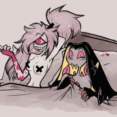 hazbin hotel, cherri bomb (hazbin hotel), sir pentious (hazbin hotel), twiggietime, after sex, anthro, arm tattoo, bed, black body, blush, breasts, cigarette, claws, cyclops, demon