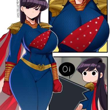 komi-san wa komyushou desu, the boys, homelander (cosplay), komi shouko, postblue98, 1girls, alternate breast size, black hair, breasts, clothed, female, hips, huge breasts, long hair, naughty face