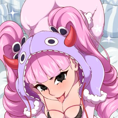 one piece, patreon, shounen jump, perona, elpipe3000, 1girls, all fours, ass, bed, big breasts, black eyes, blush, bra, clothed, clothing