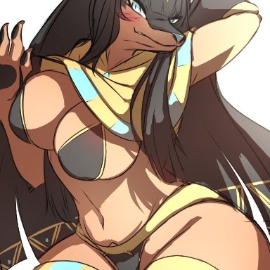 palworld, anubis, anubis (pal), pal (species), sk3tchk4t, anthro, ass, big ass, big breasts, big thighs, black hair, blue eyes, blush, blushing, breasts