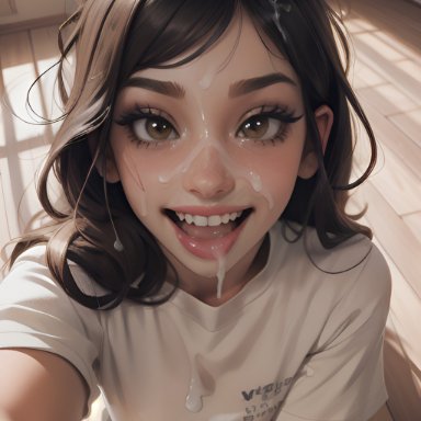 original, original character, taliredmint, after fellatio, after oral, cum, cum in mouth, cum on breasts, cum on face, eye contact, facial, looking at viewer, open mouth, selfie, ai generated