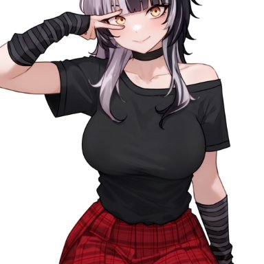 hololive, hololive english, hololive english -advent-, shiori novella, bluefield, 1girls, black hair, black shirt, breasts, female, female only, front view, fully clothed, fully clothed female, goth