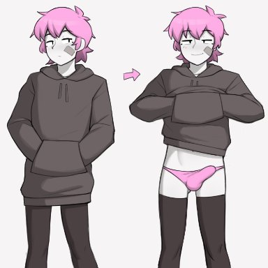 original, skater boi (dross), taylor (dross), dross, 1boy, ahoge, aroused, balls, ballsack, bandage, bedroom eyes, before and after, bulge, bulge through clothing, clothed