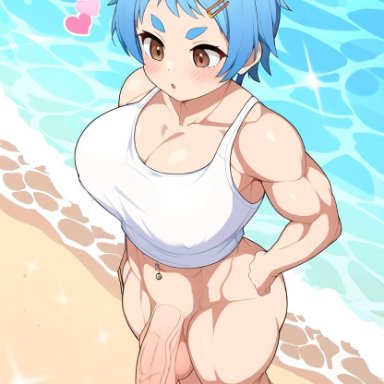barefoot, beach, biceps, big breasts, big penis, blue hair, blush, bottomless, cleavage, functionally nude, functionally nude futanari, futanari, hair clip, hand on hip, hearts around head