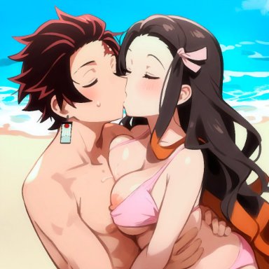 demon slayer, kimetsu no yaiba, kamado nezuko, kamado tanjirou, losforry custom, 1boy, 1girls, areolae, beach, bikini, black hair, blush, bra, breast press, breasts