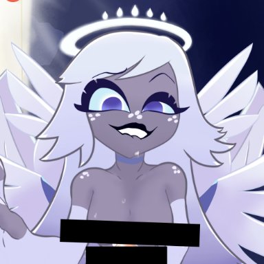 hazbin hotel, emily (hazbin hotel), retzhuko (artist), angel, angel wings, cum, cum drip, cum in mouth, cum on body, cum on breasts, cum on face, cumshot, dominant, dominant female, domination