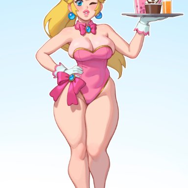 mario (series), nintendo, princess peach, rizdraws, 1girls, blonde hair, blue eyes, bunny ears, bunny girl, bunnysuit, female, full body, gloves, hand on hip, holding tray