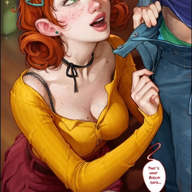 stardew valley, penny (stardew valley), aroma sensei, 1boy, 1girls, belt, big breasts, blush, braces, cleavage, clothed, drooling, earring, female, freckles