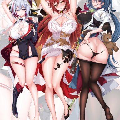 honkai (series), honkai: star rail, himeko (honkai: star rail), natasha (honkai: star rail), numby (honkai: star rail), topaz (honkai: star rail), 3girls, ass, big breasts, black panties, blue hair, blush, boots, breasts, butt crack