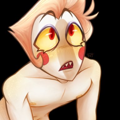 hazbin hotel, angel, before sex, bent over, blonde hair, blush, eyeshadow, femboy, gay, implied gay, male only, naked, naked male, nipples, no ears