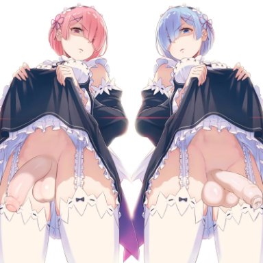 ram (re:zero), rem (re:zero), 40hara, 2futas, angry, balls, big breasts, big penis, blue hair, bottomless, breasts, clothed, clothing, double upskirt, dress lift