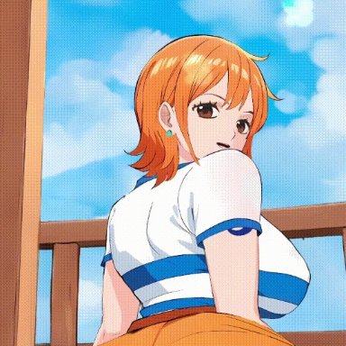 nami, nami (one piece), ohmywaifu, big ass, big breasts, brown eyes, clothed, clothed sex, clothing, orange hair, orgasm, penis, penis in pussy, squirting, vaginal penetration