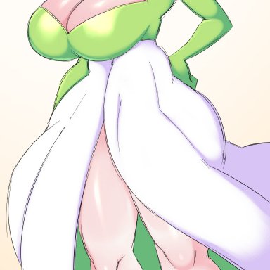 nintendo, pokemon, gardevoir, generation 3 pokemon, pok&#233;mon (species), saltyxodium, 1girls, breasts, female, female pokemon, green hair, hair over one eye, huge breasts, large breasts, red eyes