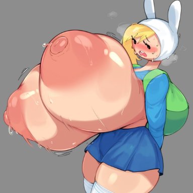 adventure time, cartoon network, fionna the human girl, bulumble-bee, 1girls, alternate breast size, arms behind back, ass, backpack, big ass, big breasts, black eyes, blonde hair, blue clothing, blue shirt