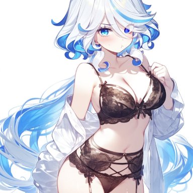 genshin impact, furina (genshin impact), blue eyes, blue hair, lingerie, panties, short hair, solo, solo female, thighhighs, ai generated