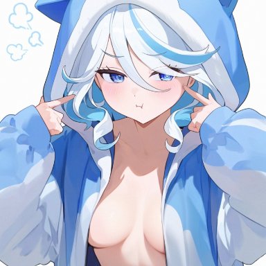 genshin impact, furina (genshin impact), 1girls, blue eyes, breasts, female, hoodie, no bra, open clothing, pout, small breasts, solo, white hair, ai generated