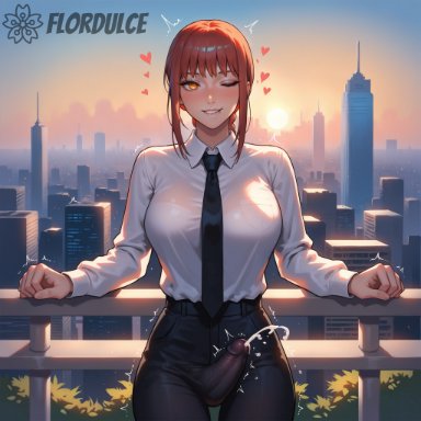 chainsaw man, makima (chainsaw man), flordulce, 1futa, biting lip, black necktie, black pants, building, city, cityscape, collared shirt, covered penis, cum, cum in pants, cum through clothes