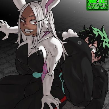 my hero academia, spider-man (series), gwen stacy (spider-verse), izuku midoriya, miles morales (cosplay), miruko, shosho oekaki, 1boy, 1girls, big ass, big breasts, big butt, bunny ears, bunny tail, cosplay