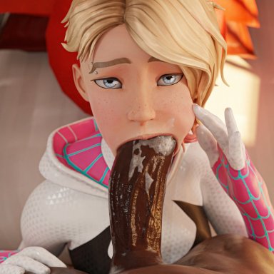 marvel, marvel comics, spider-man (series), gwen stacy, gwen stacy (spider-verse), spider-gwen, wtfsths, 1boy1girl, 1girl1boy, age difference, athletic female, blonde hair, blowjob, blowjob face, blue eyes