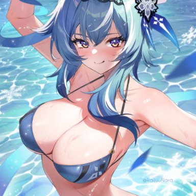 genshin impact, eula (genshin impact), raijuu (bakanara), 1girls, armwear, big breasts, bikini, bikini bottom, bikini top, blue bikini, blue hair, blush, bottomwear, breasts, cleavage