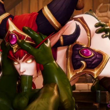 3d, alexstrasza, animated, ass, ass, blowjob, female, goblin, goblin (warcraft), goblin male, green skin, irrumatio, kassioppiava, light-skinned female, light skin