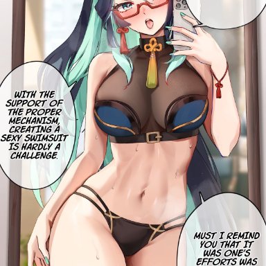 genshin impact, cloud retainer (genshin impact), xianyun, foxy rain (foxyreine), foxyrain (foxyreine), foxyreine, 1girls, bikini, busty, female, female only, garter straps, glasses, large breasts, mature female