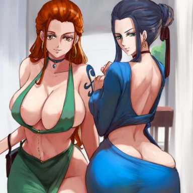 nami, nami (one piece), nico robin, shinjinou, 2girls, ass, back, back view, bare arms, bare shoulders, big ass, big breasts, big butt, black hair, blue eyes