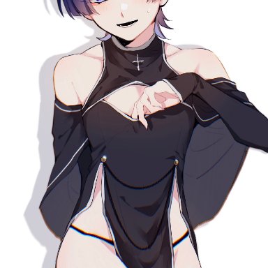 genshin impact, scaramouche (genshin impact), 1boy, bare shoulders, blue eyes, blue hair, blush, crossdressing, femboy, g-string, pelvic curtain, purple eyes, short hair, staring at viewer, thigh strap