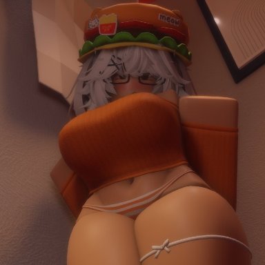 roblox, roblox avatar, robloxian, niki okarin, 1girls, belly, belly button, blush, burger, cat ears, closed eyes, female, female only, glasses, hairclip