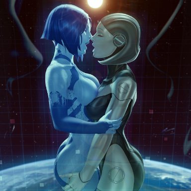 halo (series), mass effect, cortana, edi, themaestronoob, 2girls, ass grab, blue hair, blue skin, breasts, closed eyes, colored skin, earth (planet), edi (mass effect), facing another