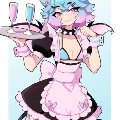 kes (kesuwuception), j5daigada, :3, 1boy, ahoge, bikini top, blue hair, cat ears, demon, demon boy, demon tail, demon wings, drinking glass, earrings, femboy