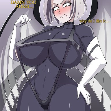 hazbin hotel, lute (hazbin hotel), ghostar, 1girls, angel, angel wings, angry, big breasts, blush, blush lines, boob window, choker, cleavage, eyebrows, eyelashes