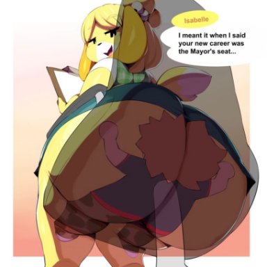 animal crossing, nintendo, isabelle (animal crossing), trinity-fate62, 1boy, 1girls, anthro, ass, big butt, bottomless, bottomless skirt, bottomwear, brown hair, bubble butt, butt crush