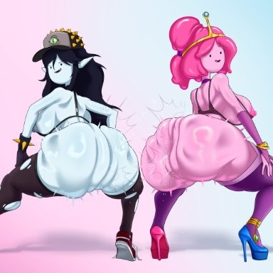 adventure time, marceline, princess bubblegum, incogneato, 2girls, areolae, ass, ass ripple, big ass, big breasts, big butt, black hair, blue body, blue skin, breasts