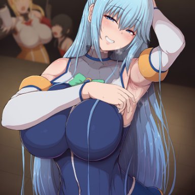 aqua (konosuba), darkness (konosuba), megumin, ponpo, 3girls, armpit fetish, armpits, arms up, blonde hair, blue eyes, blue hair, breasts, brown hair, clothed, female